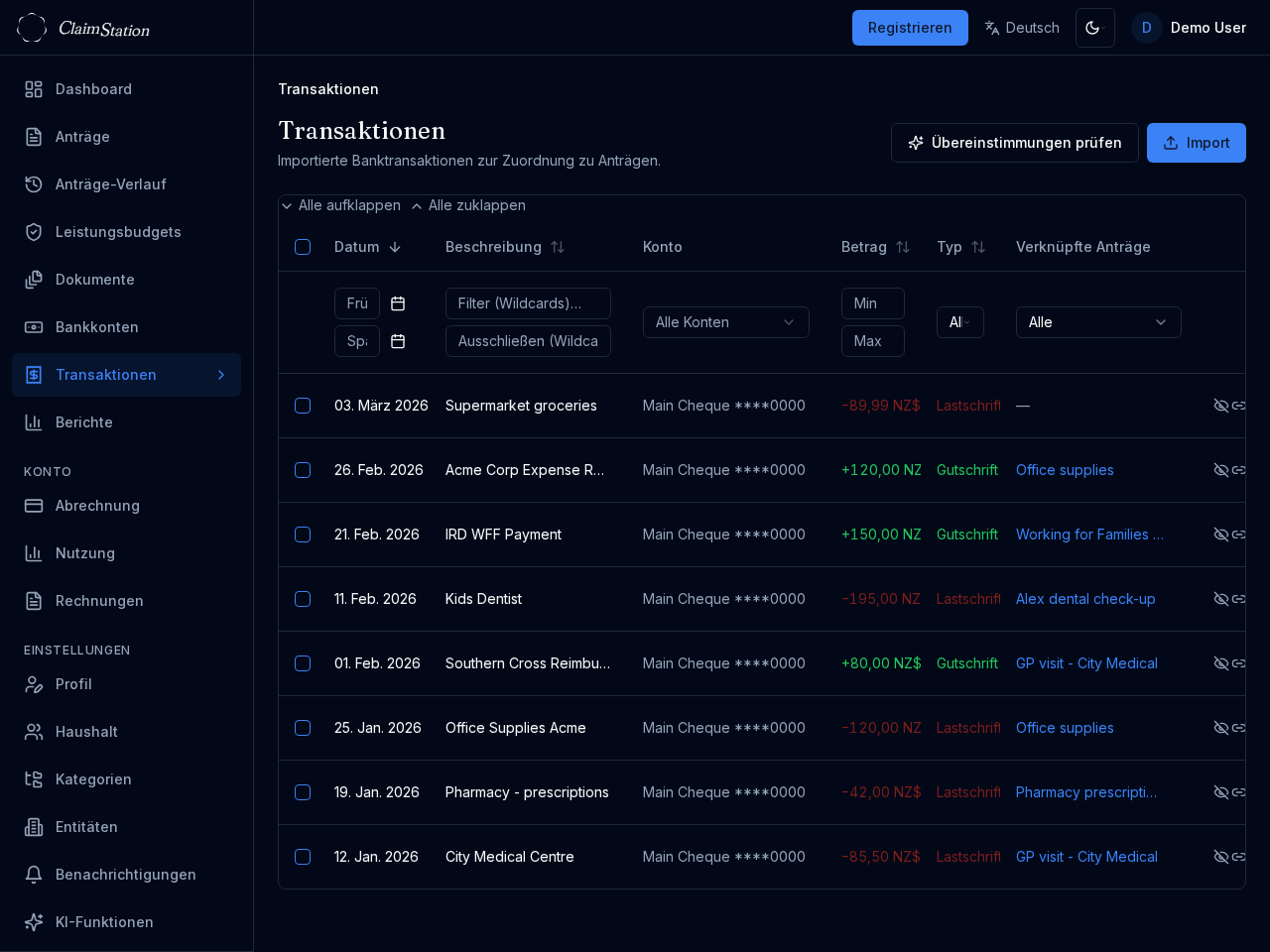 ClaimStation Transaktionsansicht